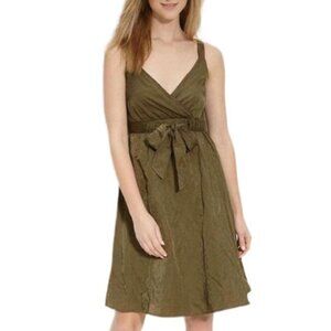 Eileen Fisher Steel Satin Faux Wrap Belted Dress 12 Olivine Fully lined